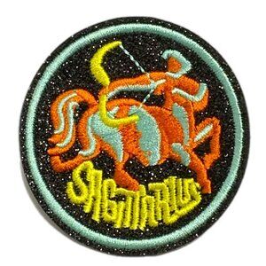 Glitter Embroidered Round Sagittarius Zodiac Iron On Patch Black Yellow Orange